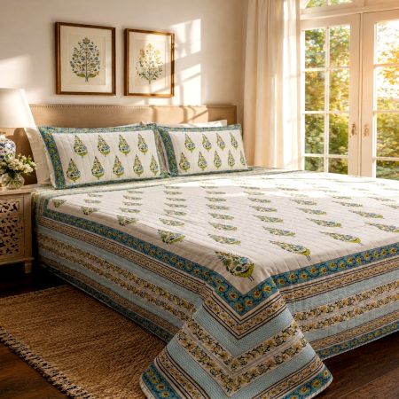 Handmade Blue Paisley Mulmul Cotton Quilted Double Bedcover
